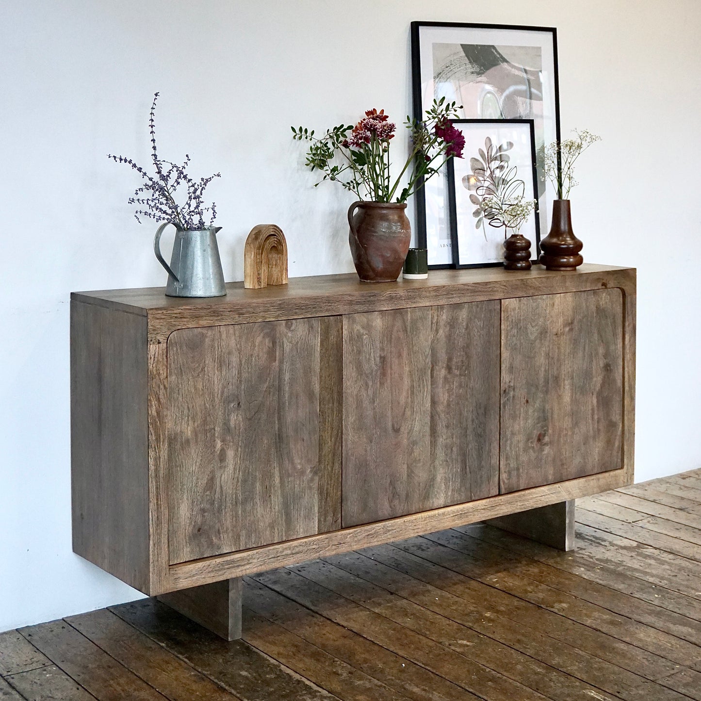 Livia Solid Mango Wood 3 Door Sideboard in Walnut