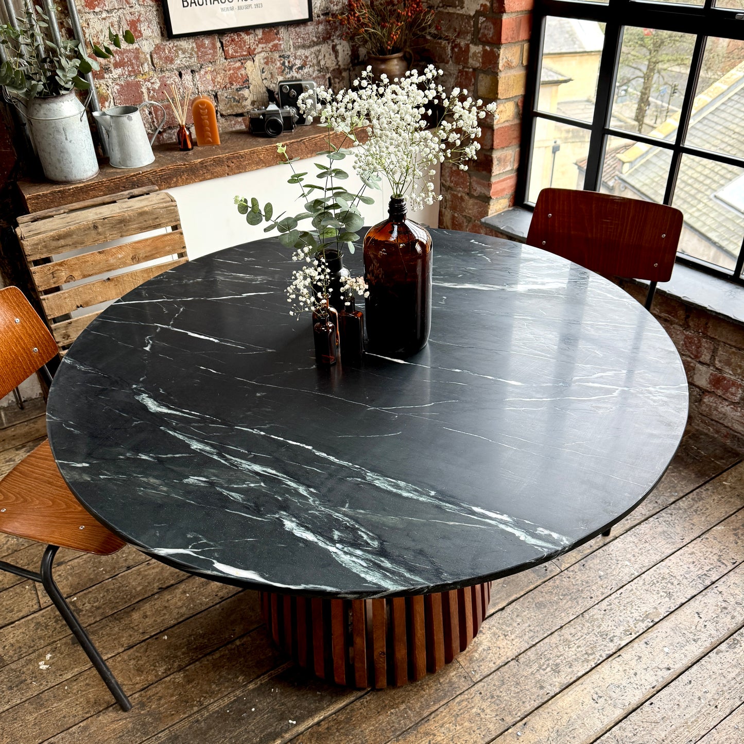 Nakula Round Solid Marble & Mango Wood Dining Table Walnut and Black (3 Sizes)