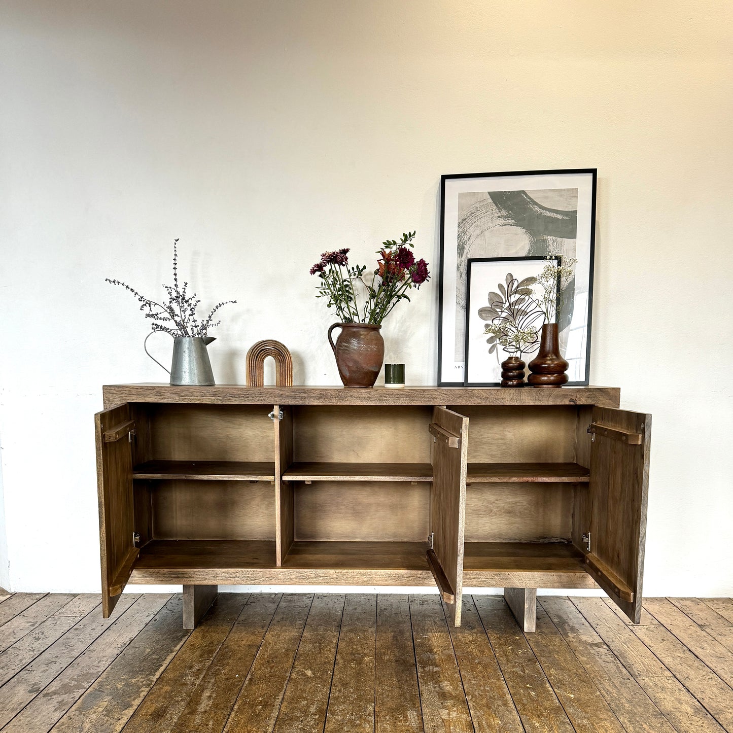 Livia Solid Mango Wood 3 Door Sideboard in Walnut